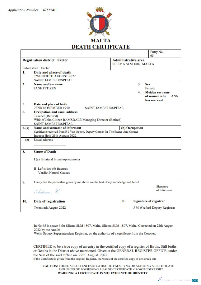 Download Malta death certificate Word and PDF template Photoshop template